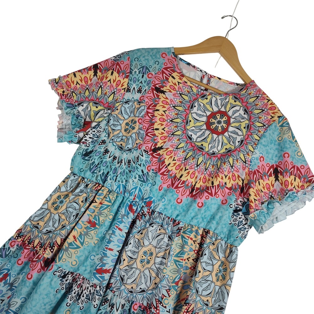 SHEIN CURVE Women 3XL Mandala Print Tiered Babydoll Dress Ruffle Sleeve Boho